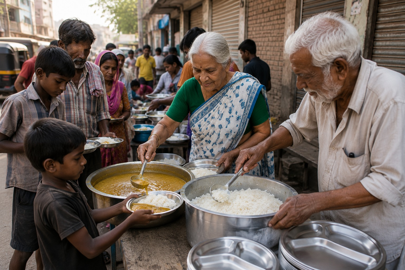 सड़क पर ज़रूरतमंद परिवारों को भोजन वितरण